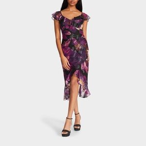 FLORAL METALLIC CHIFFON MIDI DRESS BLACK |Betsey Johnson